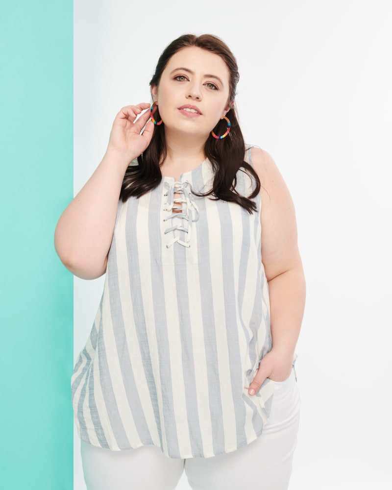 Front of plus size Carrie Sleeveless Striped Shell by Downing Studio | Dia&Co | dia_product_style_image_id:118242